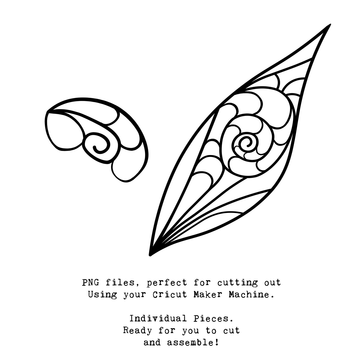 SVG & PNG Fairy Wing files for Cricut or Silhouette Cameo Cutting Machine. To create wearable fairy wings, in adult or children sizes.  Use this clipart design for Halloween Costumes, Fantasy or Cosplay or photography. These are Individual Wing Pieces, for you to cut and assemble. This is a digital product.